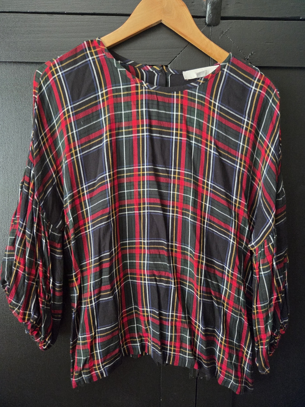 LOFT Women's Black Plaid Balloon-Sleeve Blouse ~ Size LP